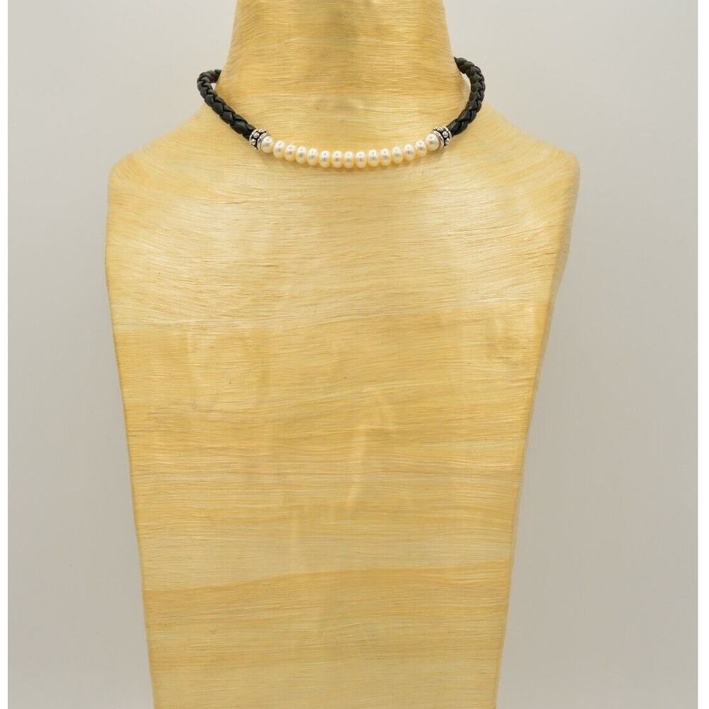 Vintage 925 Sterling Silver Choker Necklace Black Cord Faux Pearl Beaded BinE